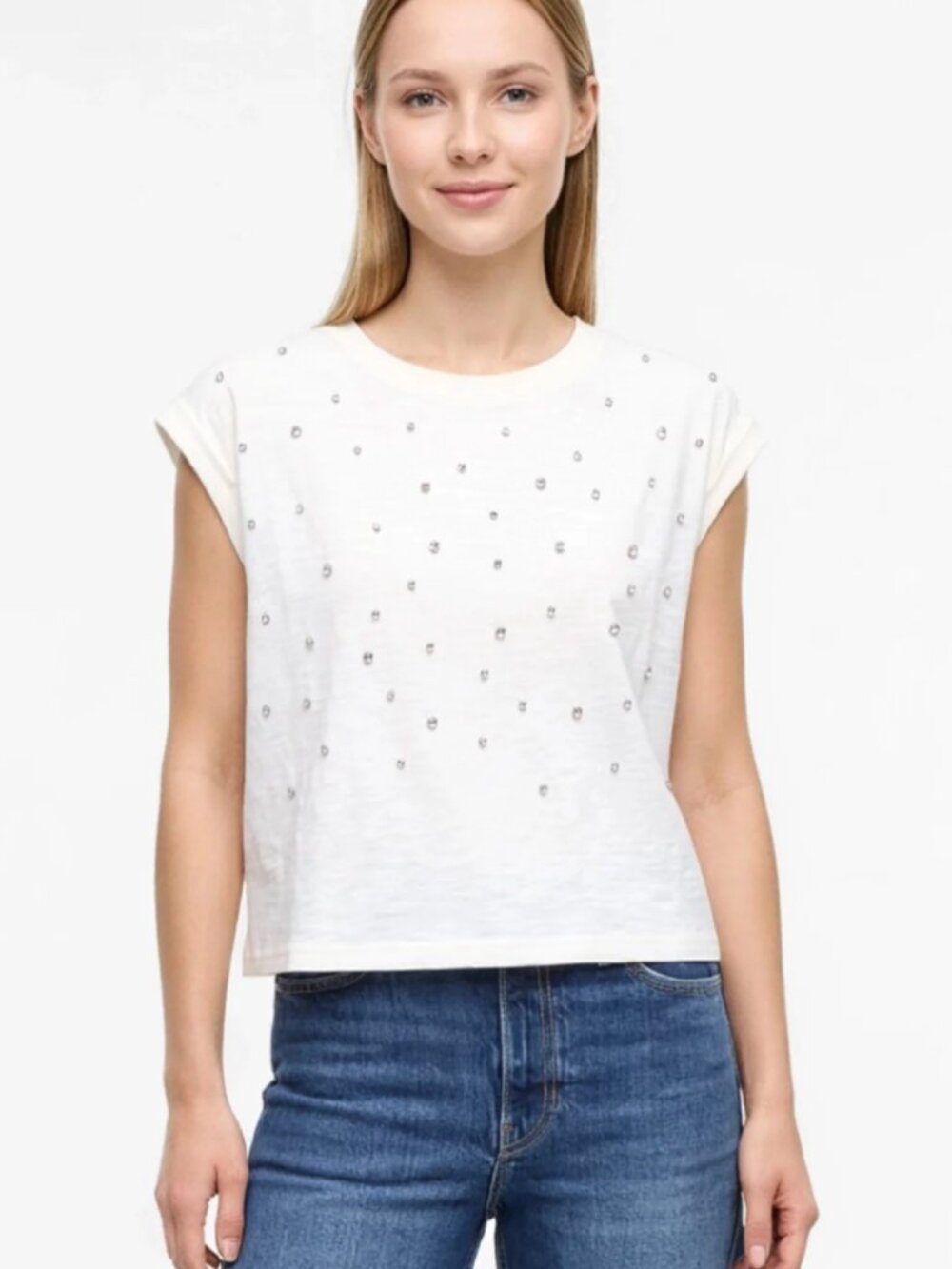 Wildfox Rhinestone Nova Tee XS Snow White Embellished Muscle Tee Cap Sleeve NWT